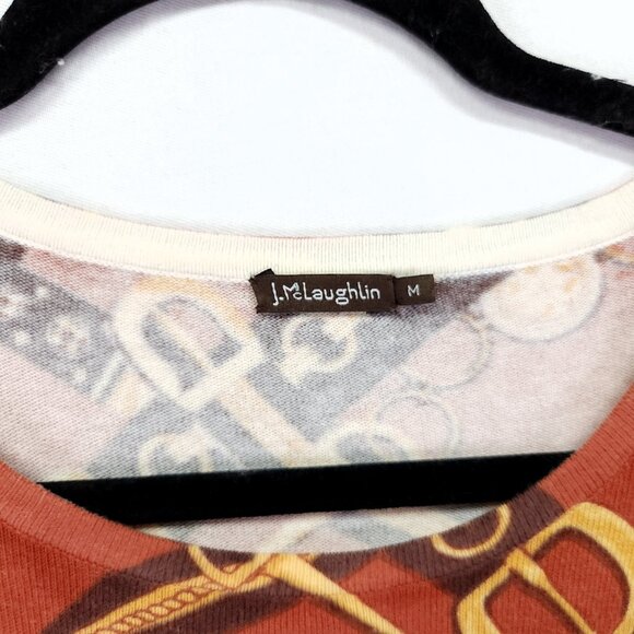 J. McLaughlin Long Sleeve Shirt Medium Ribbed Stretch Orange Gold Print - Picture 7 of 12